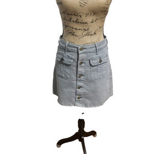 Altar'd State gray denim, brass button front mini skirt, size small
